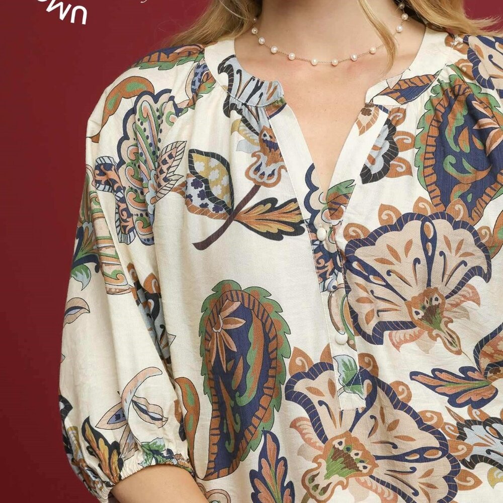 UMGEE Boho Paisley Puff Sleeve Blouse (New) - Cream